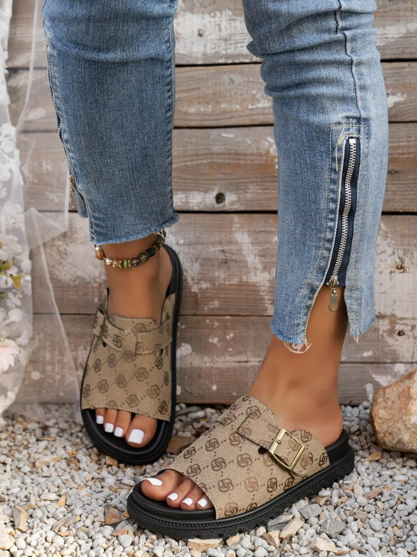 Fashionable Floral Pattern Khaki Slides, Flat Sandal, Casual Comfortable Slippers for Summer, Lightweight Breathable Slippers for Beach, Vacation, Dai