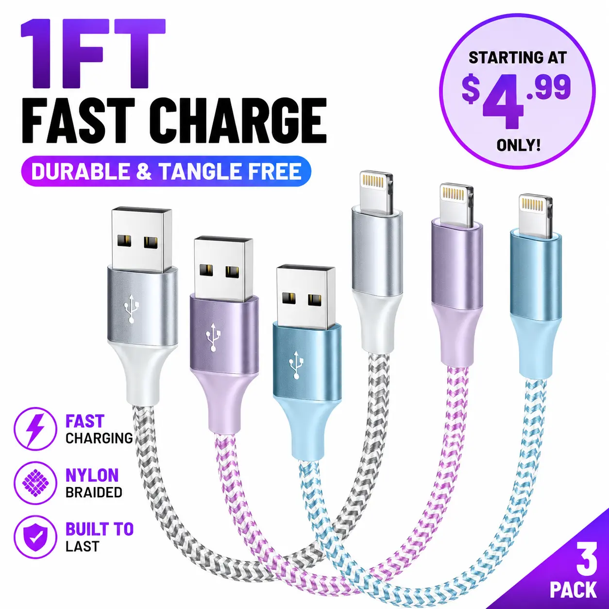 MFi Certified Short iPhone Charger 1FT USB-A to Lightning Cord, Durable Nylon Braided 12-Inch Fast Charging Cable for Cellphone, Compatible with iPhone 14/13/12/11 Pro Max Mini XS SE2/iPad, Fast Sync, Car Charger Cable