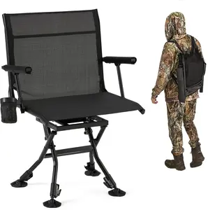 360° Silent Swivel Hunting Blind Chair, Adjustable Height, Folding Ground Seat, Breathable Mesh Backrest, 4 Legs, Armrests, Cup Holder, Steel Frame, Deer Camping Fishing
