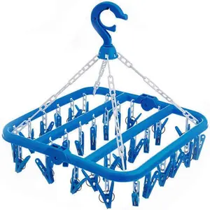 Foldable Clip and Drip Hanger with 32 Clips - Plastic Hanging Drying Rack for Clothes Underwear Socks (Blue)