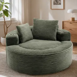 ARCH Round Sofa Bed with Memory Foam Sectional Couch for Living Room, Cloud Couch with 3 Pillows, Green Velvet, Foam+Spring, 55.5x55.5x24 in, No Assembly Required, Cup Holder, Small Space Sofa Bed for Apartment Office, Green Color Options