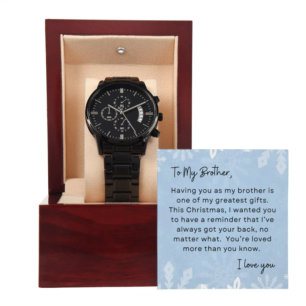 To My Brother, I Love You Winter Snowflakes Christmas Exclusive Black Chronograph Watch 38.1mm Face 177.8mm Strap Stainless Steel Quartz Movement Water Resistant Christmas Sibling Gift