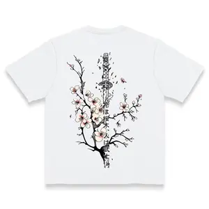 Katana & Cherry Blossom Print Short Sleeve T-Shirt |   Japanese Traditional Style Top men back