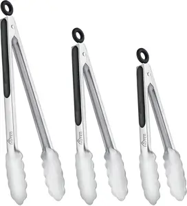 Stainless Steel Kitchen Tongs Set of 3-7", 9" and 12", Locking Metal Food Tongs Non-Slip Grip
