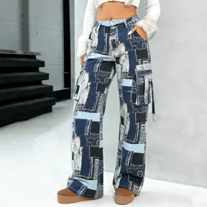 Women's High Waist Patchwork Print Cargo Jeans, Wide Leg Baggy Denim Trousers with Side Pockets & Drawstrings