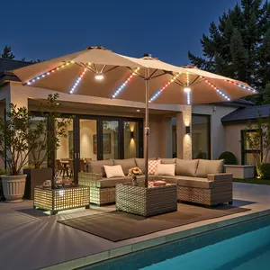 【Solar Lights Umbrella & Table】Ovios 15ft Double-Sided Patio Solar Lights Umbrella with 25" Coffee Table , Outdoor Large Umbrellas with Crank Handle and 36 LED Lights, Rectangular Market Umbrella with Base Included for Deck Pool Shade