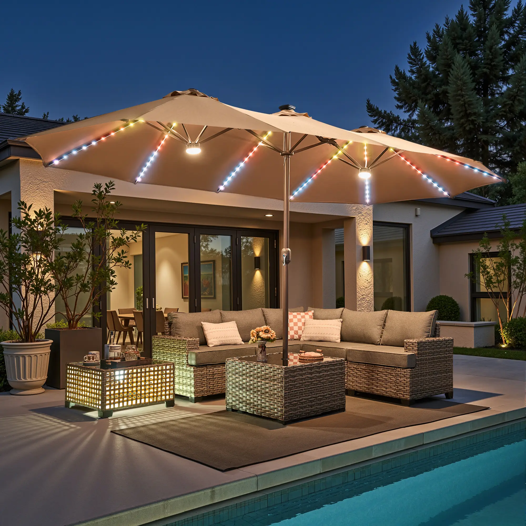 【Solar Lights Umbrella & Table】Ovios 15ft Double-Sided Patio Solar Lights Umbrella with 25" Coffee Table , Outdoor Large Umbrellas with Crank Handle a