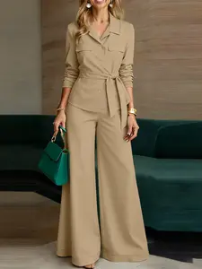 Women's Shirt Collar Long Sleeve Blouse with Pockets, Elastic Waistband Pants Set, Casual Two-Piece for Daily Wear