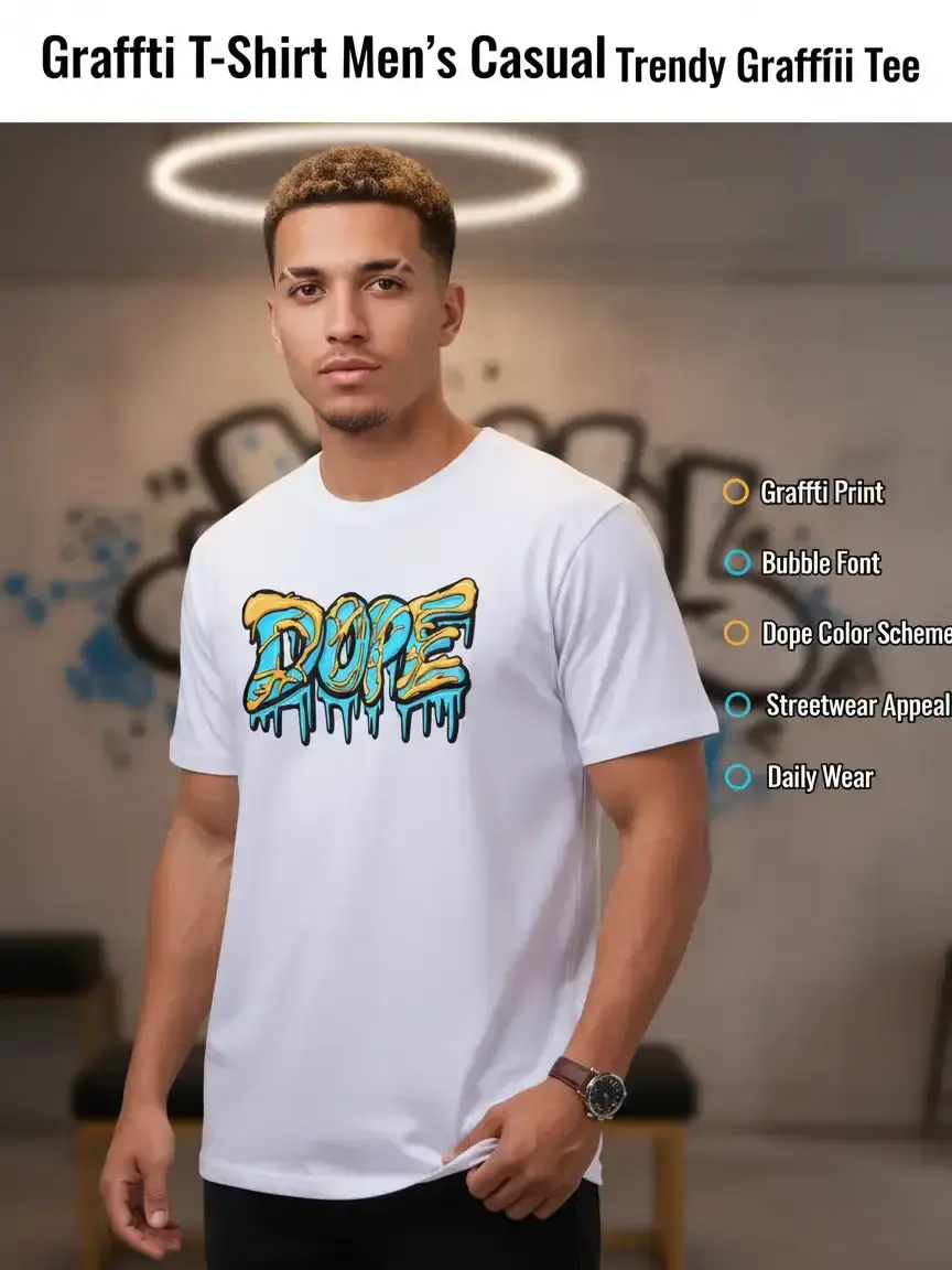 Men's Short-Sleeve Graffiti T-Shirt - Dope Blue-Yellow Drip, Bubble Font Graphic, Suitable for Daily Street Casual Trendy Wear