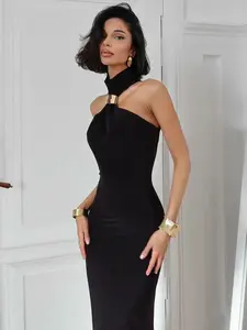 Women's Solid Metal Decor Back Split Thigh Bodycon Halter Dress, Chic Elegant Fit, Plain Mock Neck Sleeveless Slim Fit Slit Maxi Dress, Party Evening Gown Formal Dress, Ladies Summer Fashion Holiday Daily Casual Tank Long Dresses