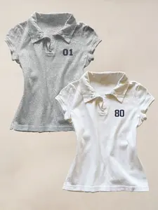 2PC New American 2000 Retro, Y2K Top Trendy, Casual, Summer Polo Neck Short, Slim Shoulder T-shirt for Women