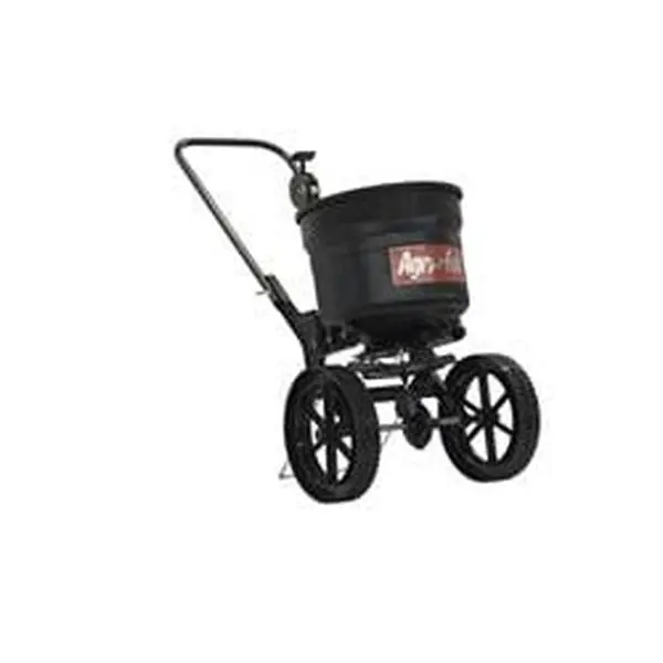Agri-Fab, Inc 45-0566 50 lb Broadcast Push Spreader - Black, 10-in Flat Free Tires, 8 lb Capacity, Deflector, Enclosed Gearbox, Foldable Kickstand, 30 x 17 x 34 Inches (34 in), for Spreading Grass Seed & Spring Fertilizing, Hopper Cover, Integrated Media