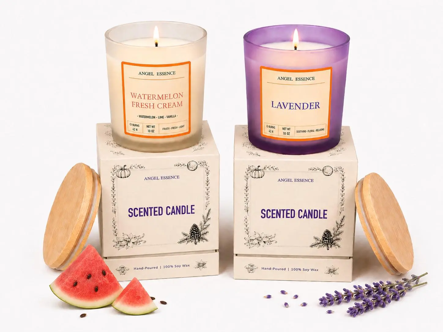 Watermelon Fresh Cream & Lavender Soy Wax Candle 2-Pack 10 Oz by Angel Essence - Hand-Poured with Watermelon, Lime, Vanilla & Lavender Fragrance for Aromatherapy & Home Decor