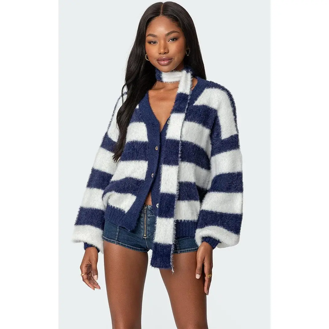Edikted Women's Striped Two Piece Knit Scarf Cardigan