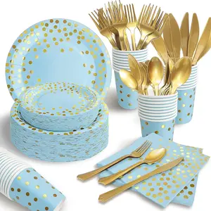 175pcs Blue&Golden Disposable Party Supplies Bulk Pack - Elegant Golden Plates, Napkins & Cutlery (25 Tableware Sets) Suitable for Weddings, Birthdays, Showers, Graduations - Paper Plates & Plasticware, Bulk Pack for Easy Party Planning