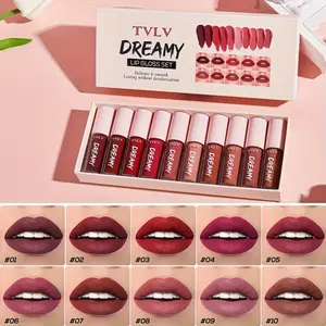 10pcs Matte Velvet Mist Lip Glaze Waterproof Sweat-Proof Long-Lasting Non-Fading Matte Liquid Lipstick Non-Stick Cup Lip Mud Lipgloss A Box of Ten Gift Box Set