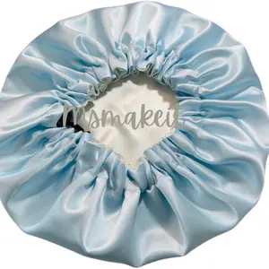 Msmakeit Luxury Sky Blue and Lt. Silver Double Layer Satin Frizz Free Hair Bonnet for Adults Prevents Tangling & Increases Hydration Adjustable Heatless Haircare