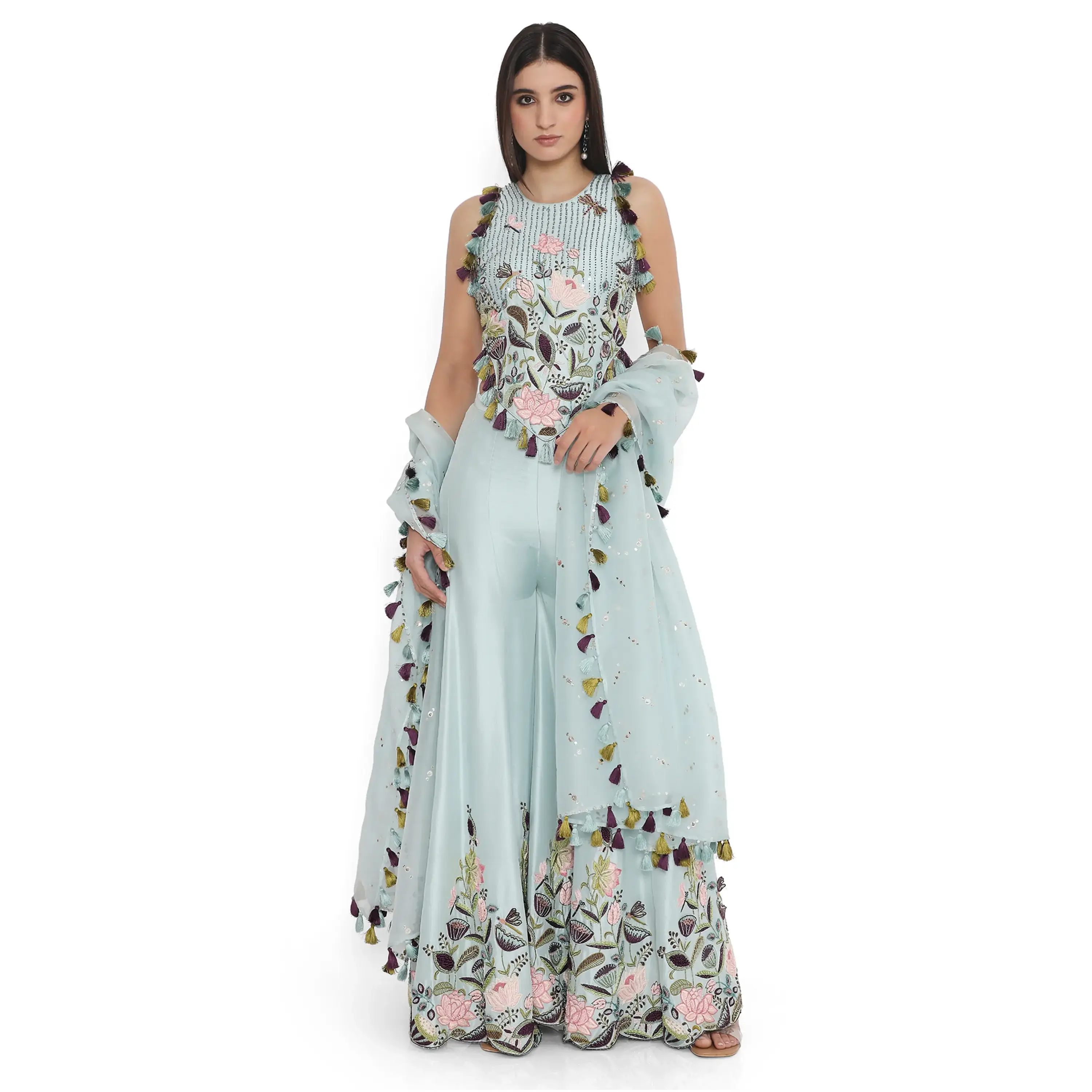 Powder blue embroidered choli with sharara and a dupatta