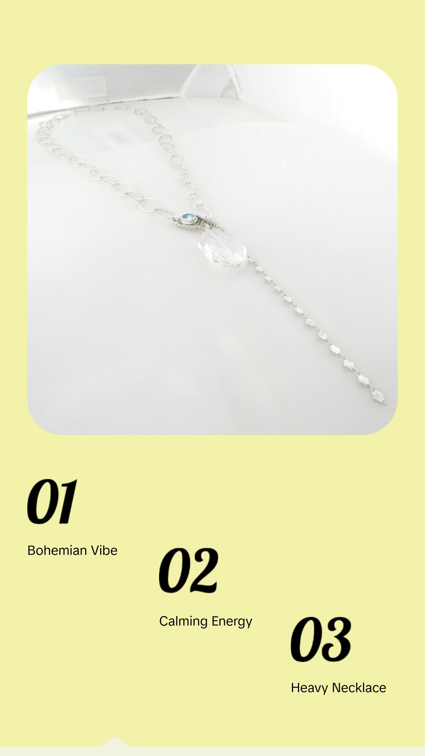 Sterling silver chain, faceted light blue aquamarine stone toggle clasp, quartz stone long boho bohemian statement necklace