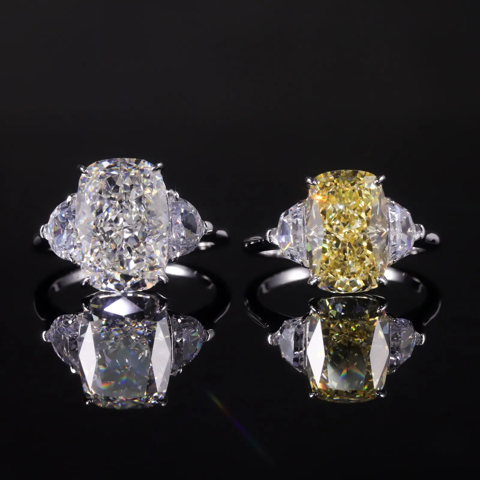 Diamond-fire CZ- Fancy Light Yellow Three Stone Engagement Ring 925 Sterling Silver Statement Rings For Women GB