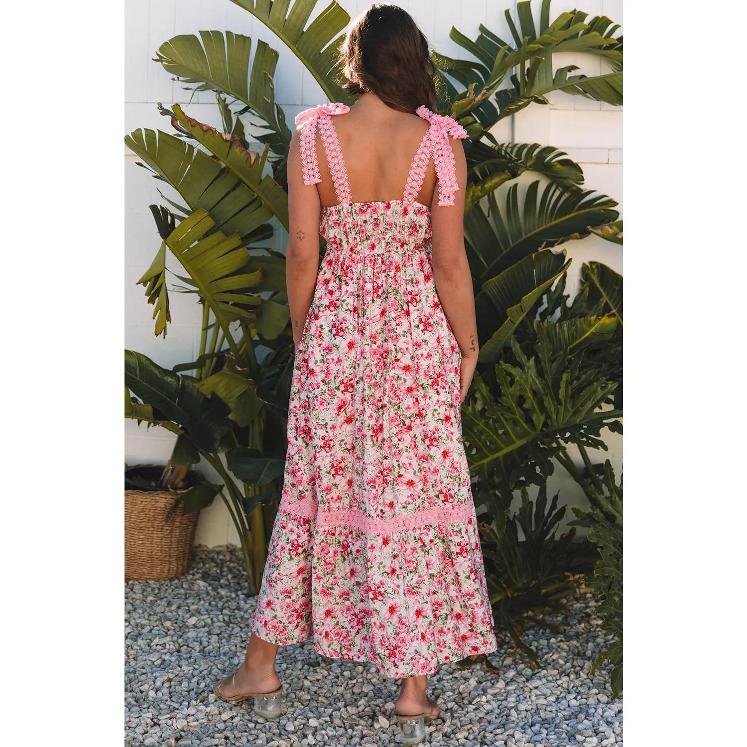 Pink Floral Lace Tied Strap Empire Waist Maxi Dress - TikTok Shop