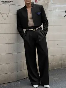 INCERUN Men's Short Striped Long Sleeve Suit Set, High Waist Pants, Casual Business Wear Clothes, Perfect for Office and Formal Occasions