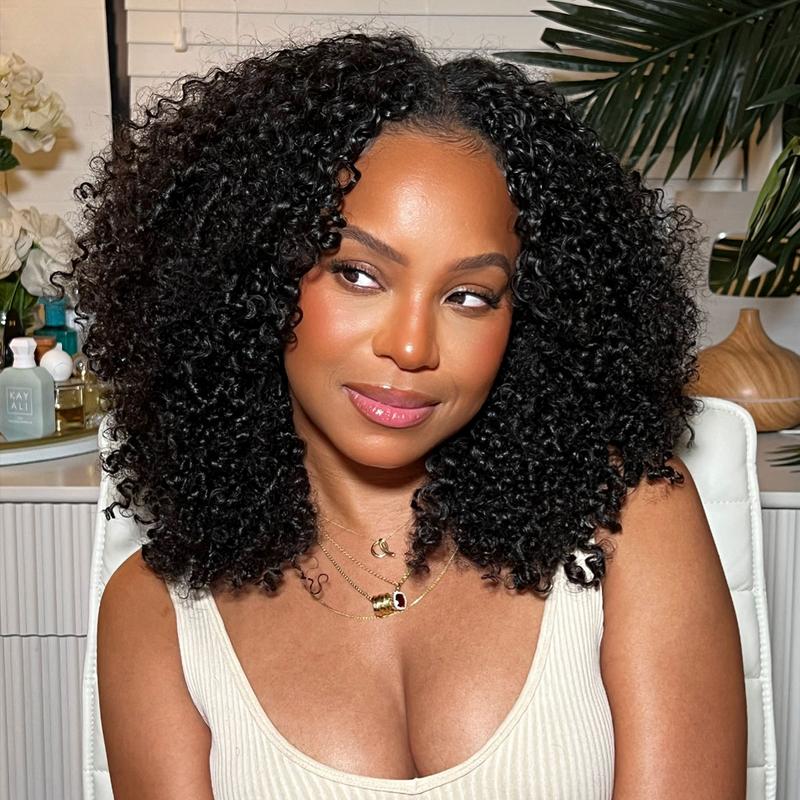 OQ HAIR Afro Curly V Part Wig 180% 250% Density No Leave Out Thin Part Human Hair Wigs 3 In 1 Half Wig Drawstring Cap Invisible Hairline 0 Skill Needed Glueless Wig Beginner Friendly #TikTokShopFallDealsForYou