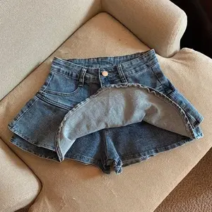 Women Ruffled Denim Half-length Skirt Solid Short Cake-style Dress High-waisted Hourglass-shaped A-line Skirt Dressy Casual Clothes Spring Summer Trendy Outfits