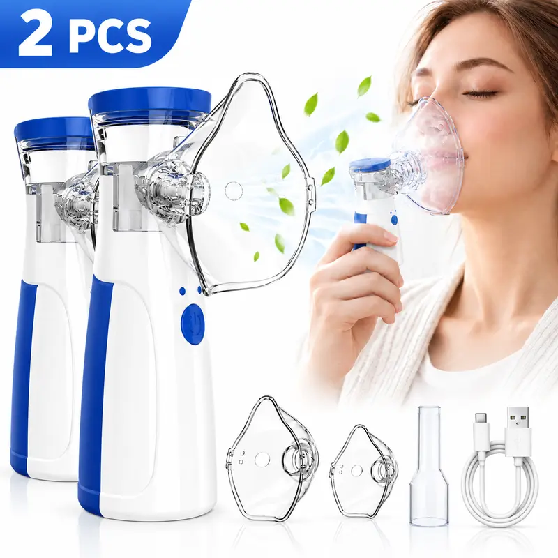 2pcs Handheld Ultrasonic Mesh Nebulizer,Rechargeable Nebulize Machine, Adjustable & Self-Cleaning mode, Face Mask & Mouthpiece Included, Plug-in Rechargeable for Adults, Home Travel Use, Mesh Spacer Machine Available