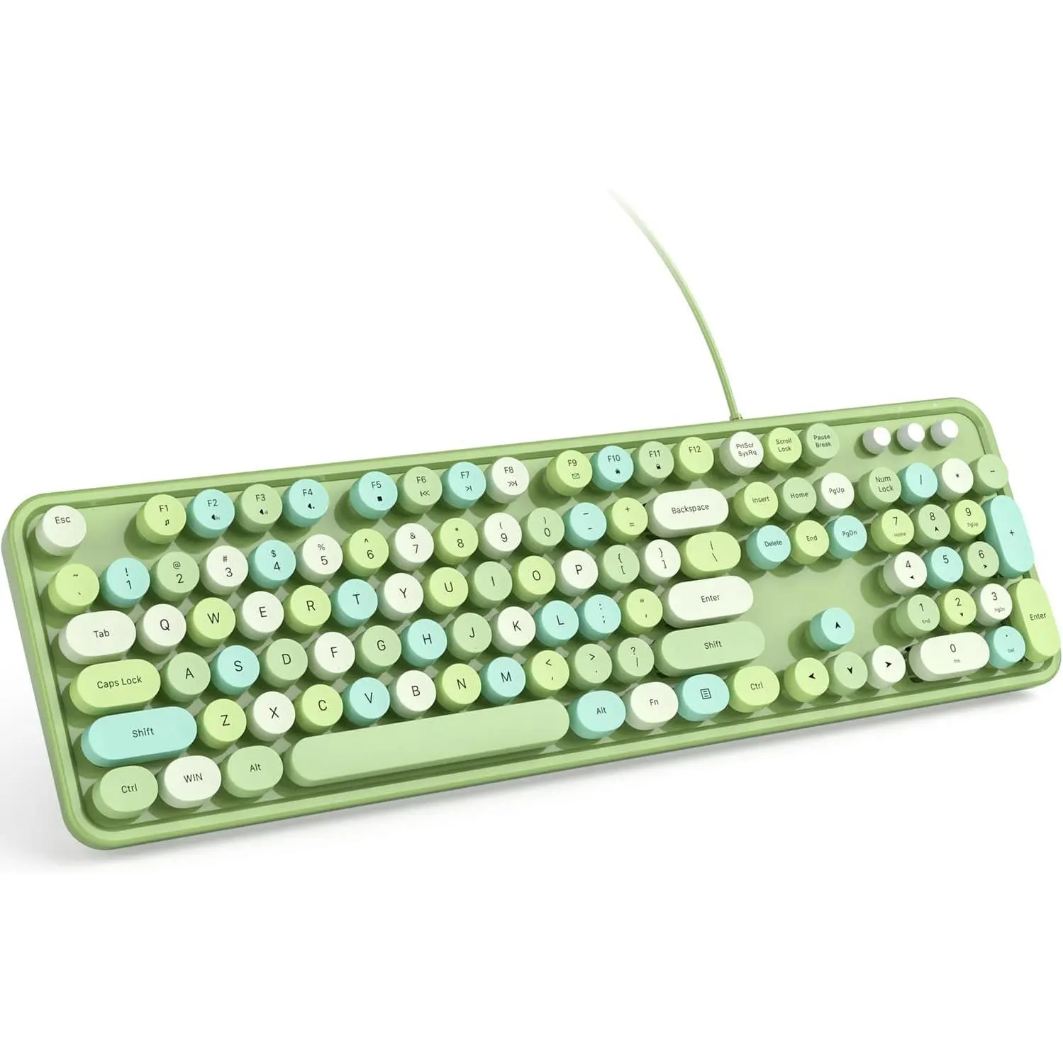 Wired Computer Keyboard - Green Colorful Retro Full Size Round Keycaps Plug and Play Typewriter Cute Keyboards for Windows, Laptop, PC, Desktop, Computer