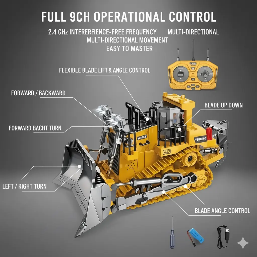 1:24 Durable Alloy RC Bulldozer - 9-Channel Electric RC Vehicle Set with Heavy-Duty Metal Blade, Forward, Backward, Left Turn, Right Turn, Sound, Remote Beep, Realistic Look, Includes Cells, Ideal for Christmas, Birthday Gifts