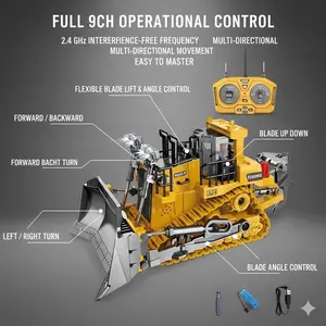 1:24 Durable Alloy Remote Control Bulldozer, 9-Channels Electric Engineering Vehicle Set with Forward, Backward, Left Turn, Right Turn, Sound & Remote Beep Functions, Ideal for Christmas & Birthday Gifts