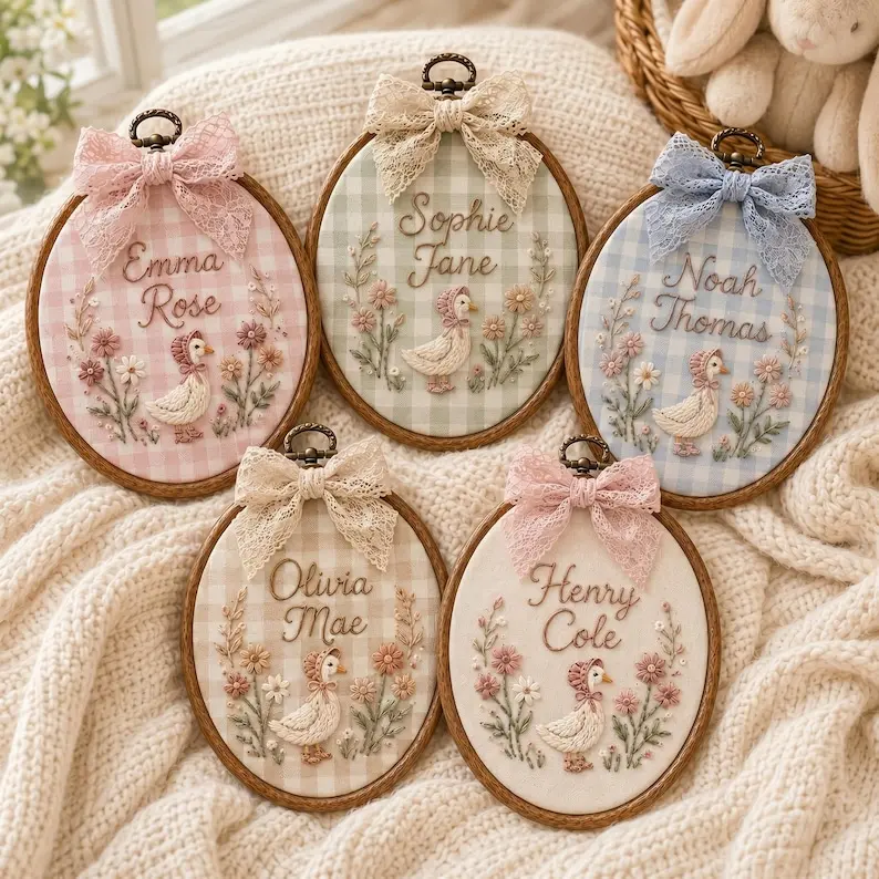 Personalized Goose Baby Name Sign, Custom Embroidered Nursery Name Hoop, Baby Shower Gift, Newborn Keepsake, Floral Baby Name Announcement, Ornament haging decor