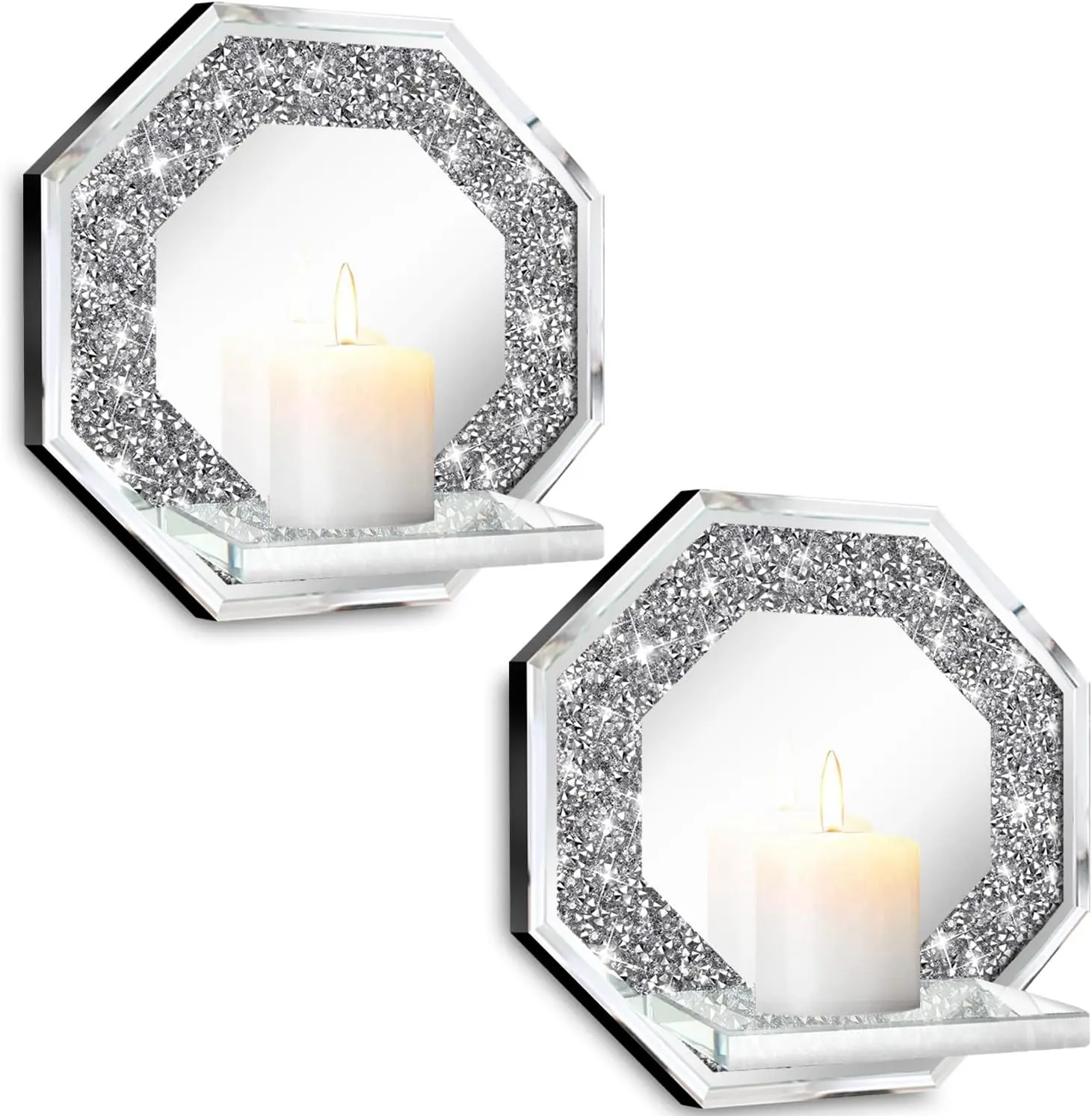 Crystal Crush Diamond Wall Candle Holder Set of 2, Octagon Silver Mirrored Sconces For Home Decoration 6.8"L x 4"W x 6.8"H