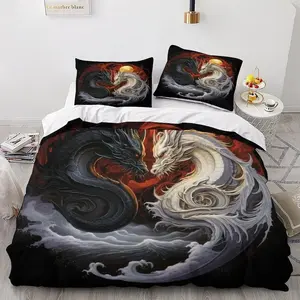3pc Double Dragon Design Bedding Set, including 1 duvet cover and 2 pillowcases, core free, suitable for single beds, double beds, multiple sizes to choose from, suitable for bedrooms, dormitories, guest rooms, and hotel apartments