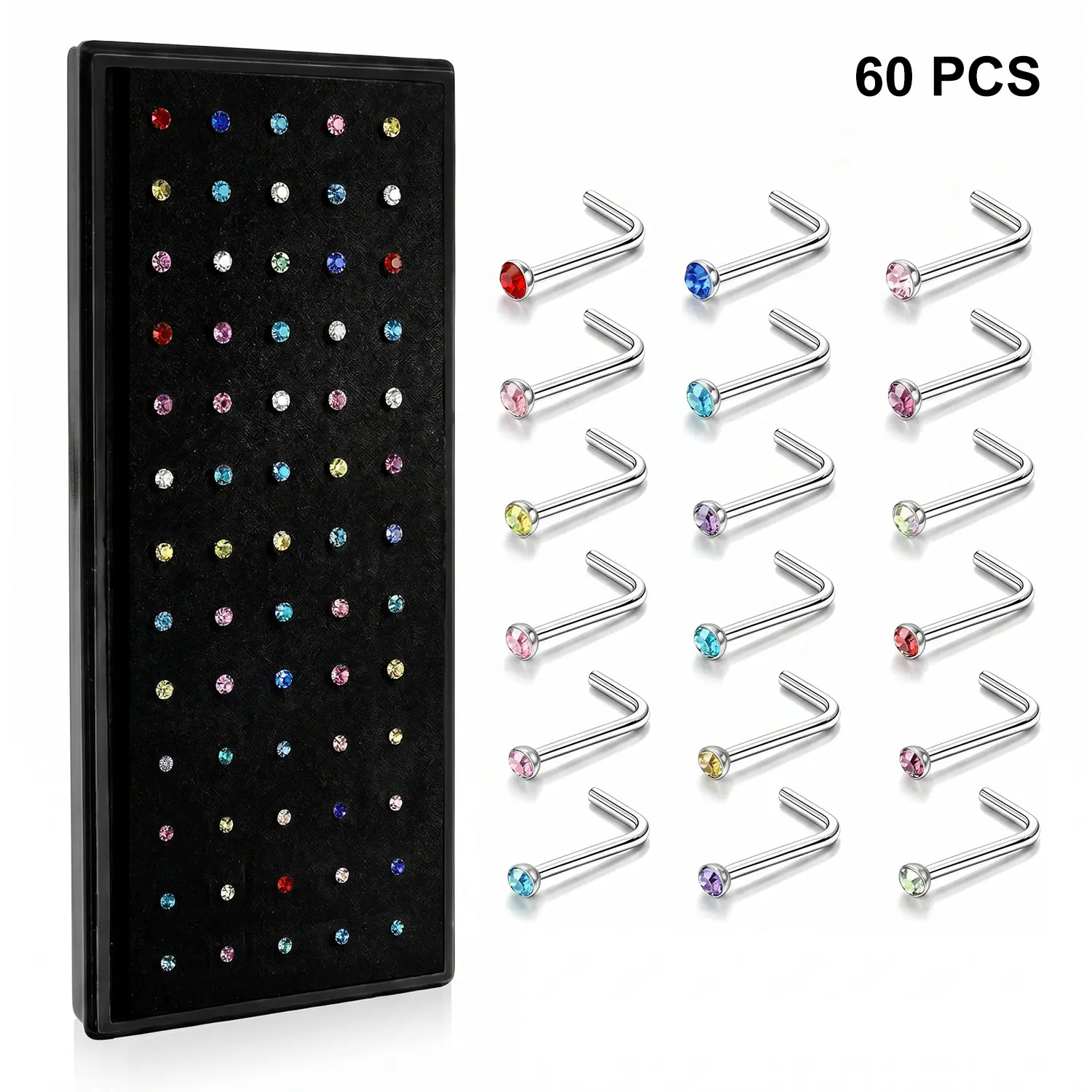 Unisex Hypoallergenic Nose Stud Set, 60 PCS Stainless Steel & Cubic Zirconia Body Jewelry, L-Shaped Screw-Style Studs, Available in Various Gauges, Ideal Gift for Family, Friends, and Loved Ones.