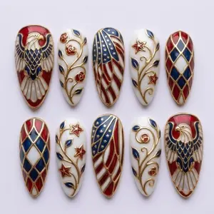 Luxury Handmade Gold Chrome Detail with Eagle & Flower 3D Press On Nails, USA Patriotic 4th July Nail Art, Trending Holiday Celebrate Fourth of July Nails, Custom Reusable Easy nails for 4th of July Day
