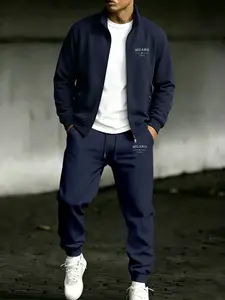 Men's Fall Winter Jacket Set, Milano Letter Print, Loose Fit, Long Sleeve, Casual Style, Warm and Comfortable, 2-Piece
