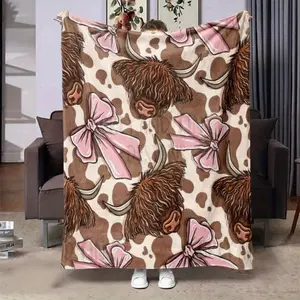 Highland Cow and Pink Bow Tie Flannel Blanket - Soft and Warm All-season Throw for Office, Bed, Sofa, Camping - Modern and Comfortable Gift with Background Design, Cow Blanket