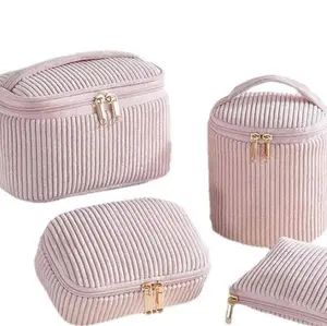 Corduroy Makeup Bag Set - Pink Velvet Storage Bags with Zipper Closure for Travel & Organization - Includes 3 Sizes for Versatile Use