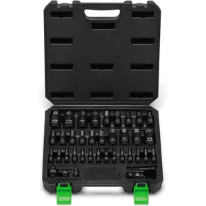 38 count Hex Bit Socket Set, 1/4", 3/8" and 1/2" Drive, SAE and Metric Allen Socket Bit, S2 and Cr-V Steel, S2 Steel, 5/64" - 3/4", 2mm - 19mm, Includes 5 count Socket Adapters