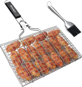 BBQ Fish Grilling Basket Stainless Steel, Folding Grill Basket for Fish, Shrimp & Vegetables, Portable BBQ Grill Tool with Removable Handle, Basting Brush & Storage Bag