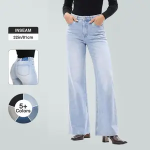 Joy Vogatiques BlueMoment Stretchy High Waist Wide Leg Jeans for Women Basic Denim Pants Raw Hem Underwear Trouser Lady Streetwear 8101 Minimalist Tummy Control BBL Baggy Curve Hugging
