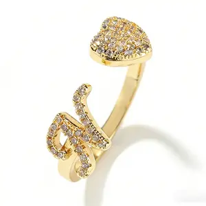 Gold Initial Rings for Women Girls - 14K Gold Plated Adjustable Letter A-Z Initial Ring Dainty Heart Zirconia Rings for Women Mother's Day Gifts