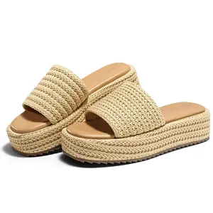 Womens Platform Sandals Raffia Espadrilles Slip On Open Cute Boho Summer Beach Slide