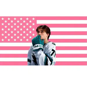 Pink American Flag Macklin Celebrini Tapestry – Hockey Wall Art – Aesthetic Bedroom Dorm Decor – Gift for Sports Fans