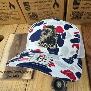 Richardson 112 Trucker Hat with Camo bald eagle patch and America