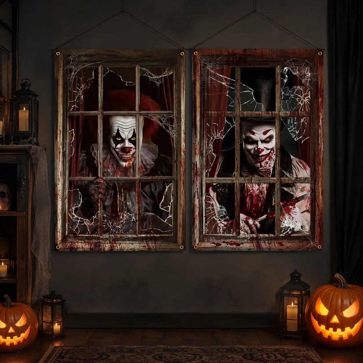 Halloween Horror Window Curtain – Spooky Masked Killer Door Cover, Transparent Haunted House Decor, Indoor Home Party Backdrop for Horror Displays