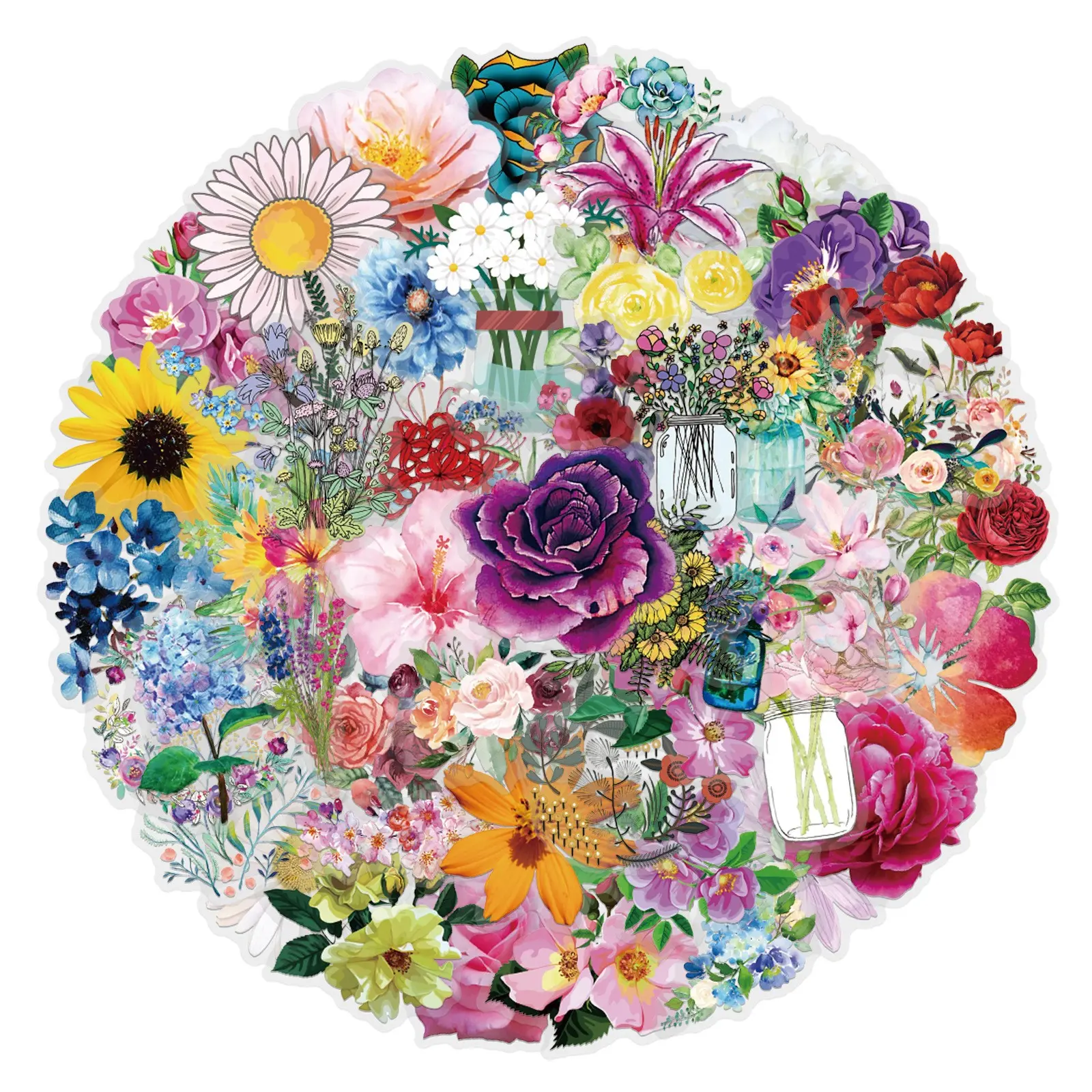 63 Transparent Flower Stickers, Aesthetic Stickers for Scrapbooking, Pet Material, Natural Plant Patterns, Rich Colors, Vintage Handmade Decals