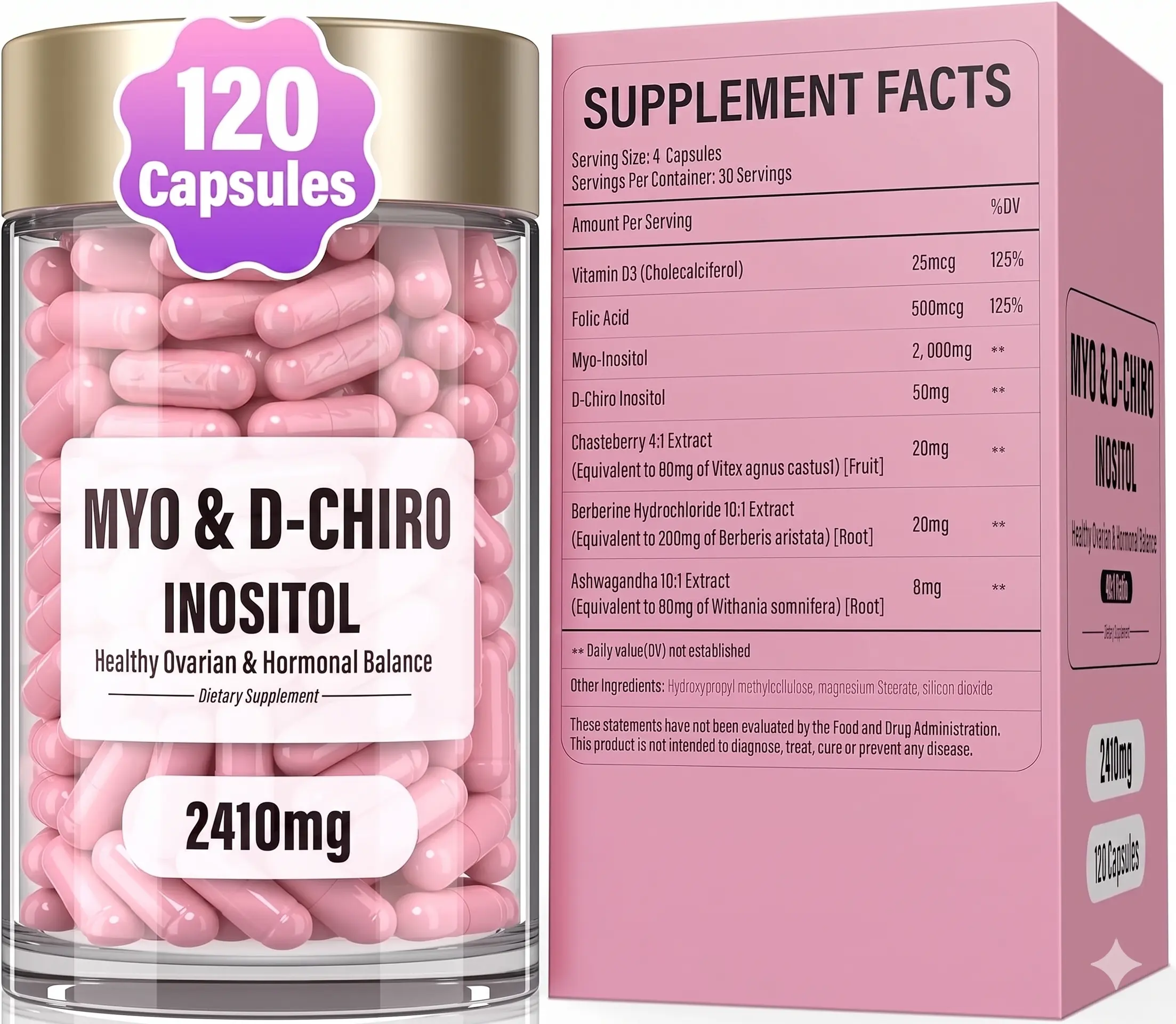 Inositol Supplement - Myo-Inositol and D-Chiro Inositol Plus Chasteberry,Berberine & Ashwagandha - Ideal 40:1 Ratio, Hormone Balance & Ovarian Support PCOS Supplements for Women-120 Capsules